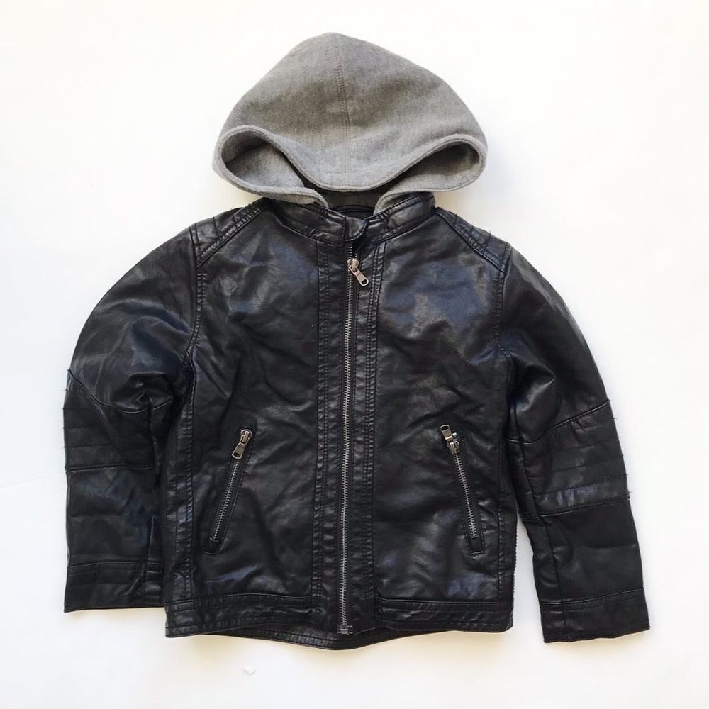 H&M hooded faux leather plush lined  jacket EUC 5-6Y